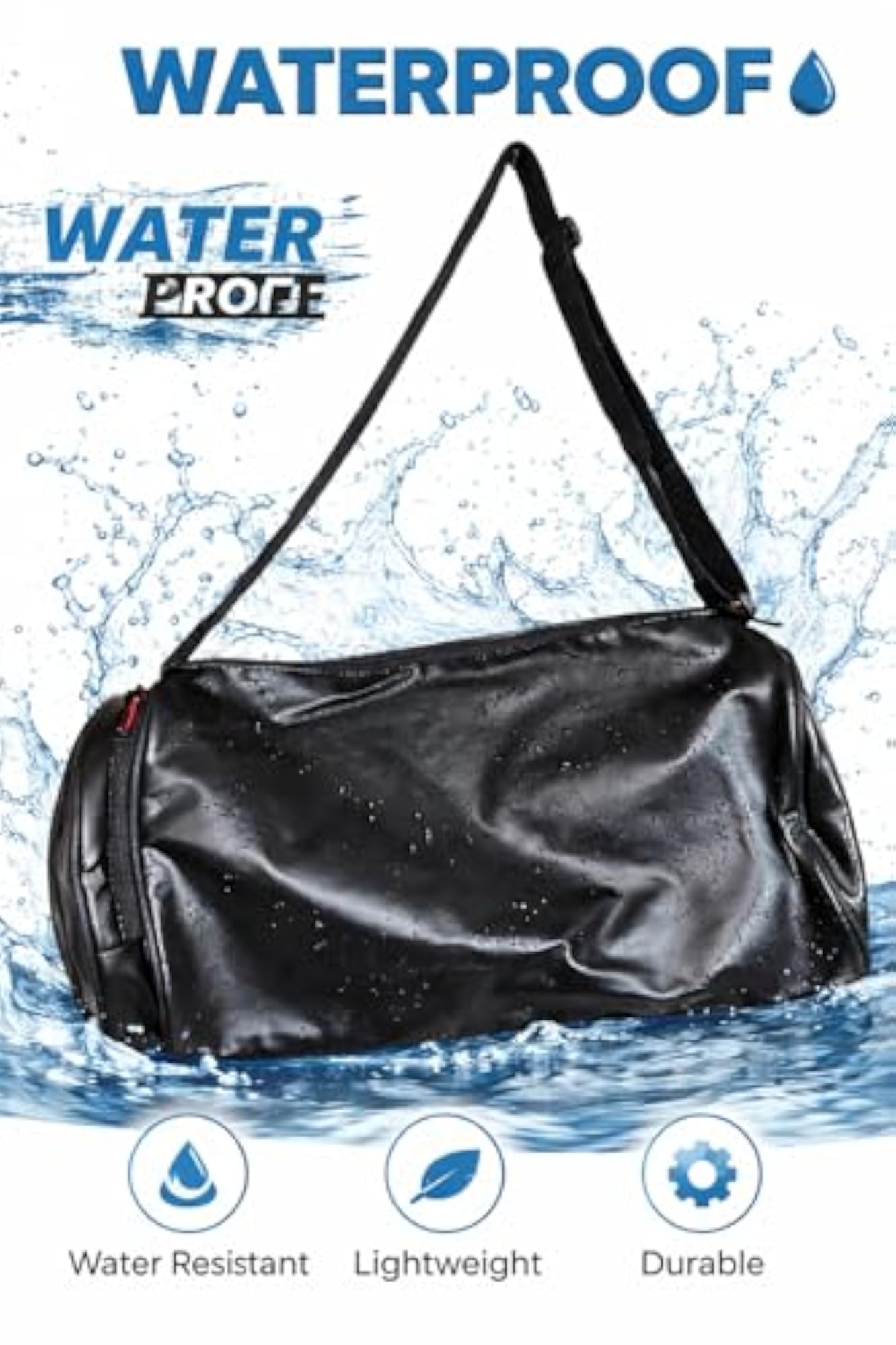 Black Waterproof Leather Duffel Bag with Adjustable Strap